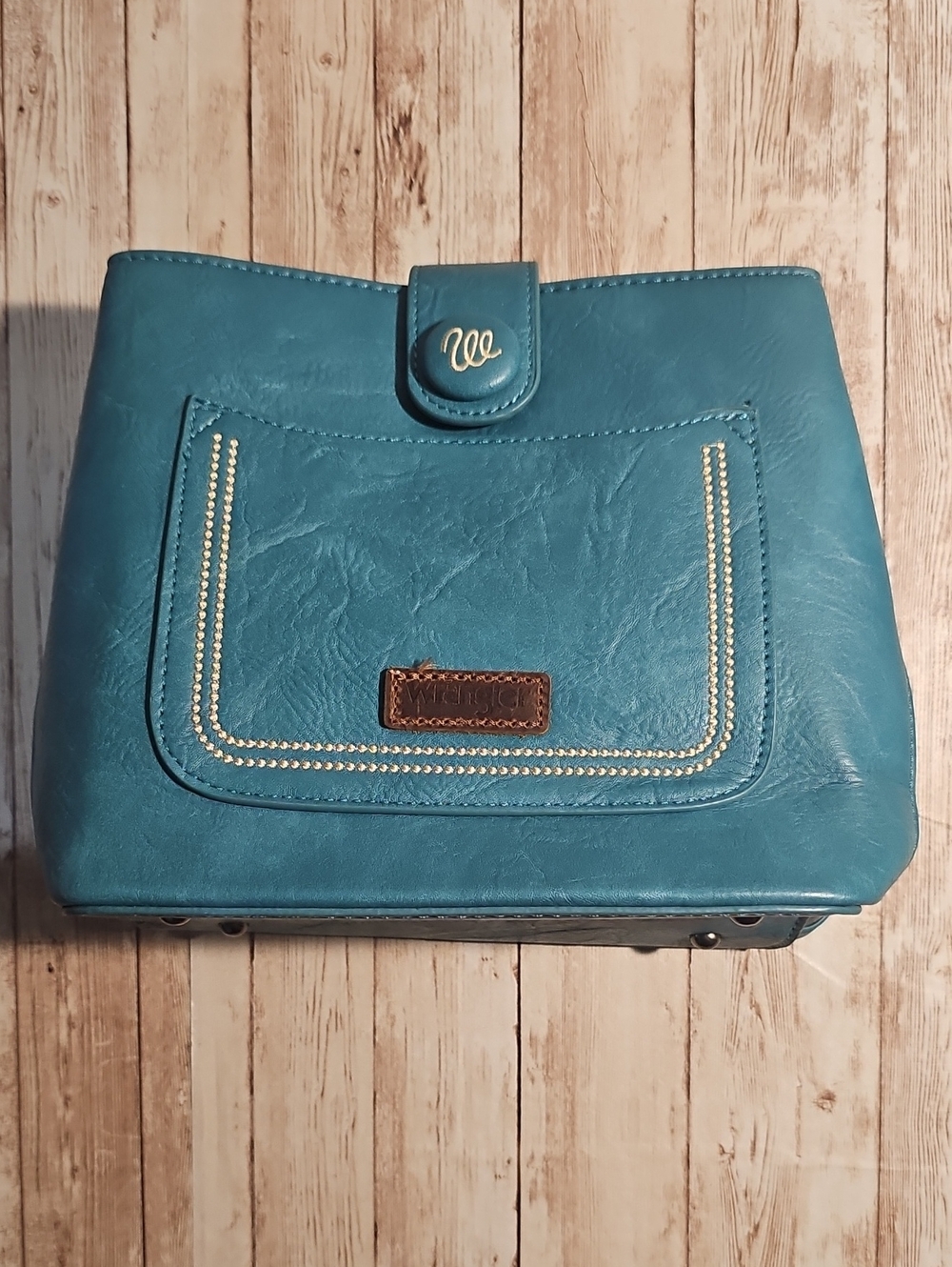 Wrangler Teal Satchel with Front Pocket and Gold Accents